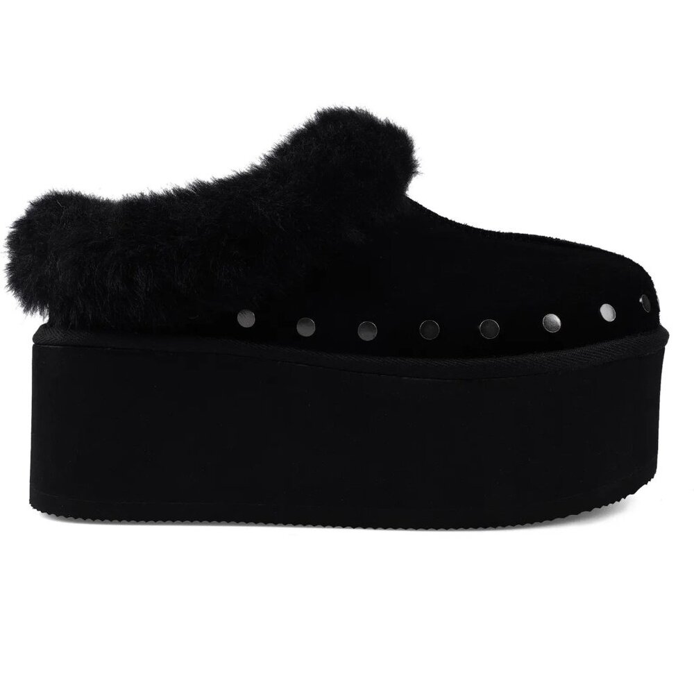 Candie's Black Faux Fur Platform Mules with Stud Accents